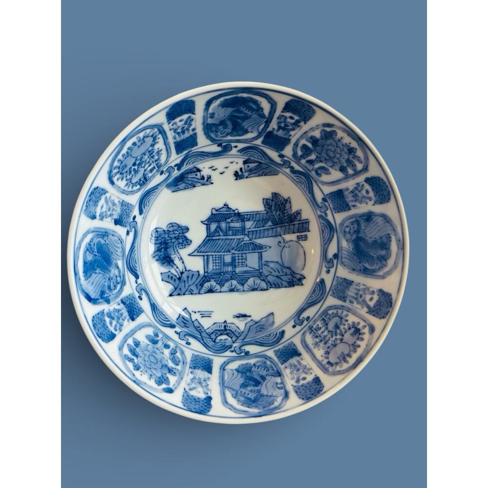 Vintage Chinese Blue & White Kraak-Style Porcelain Bowl – 10″ Decorative Blue